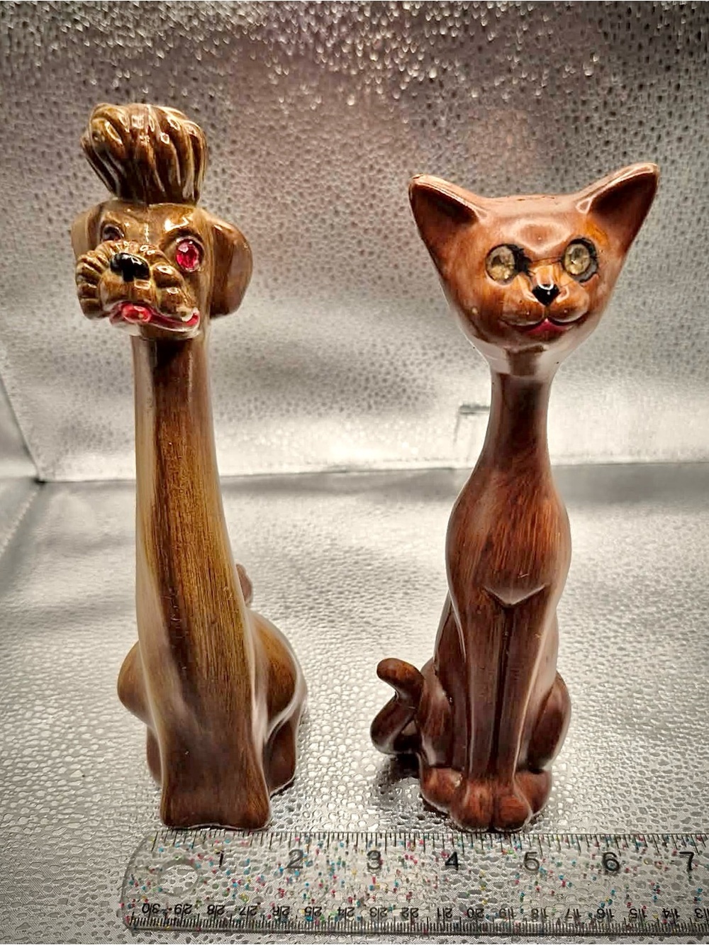 Cute & Kitschy MCM Long Neck Celluloid Cat & Poodle Dog Retro Midcentury Statues